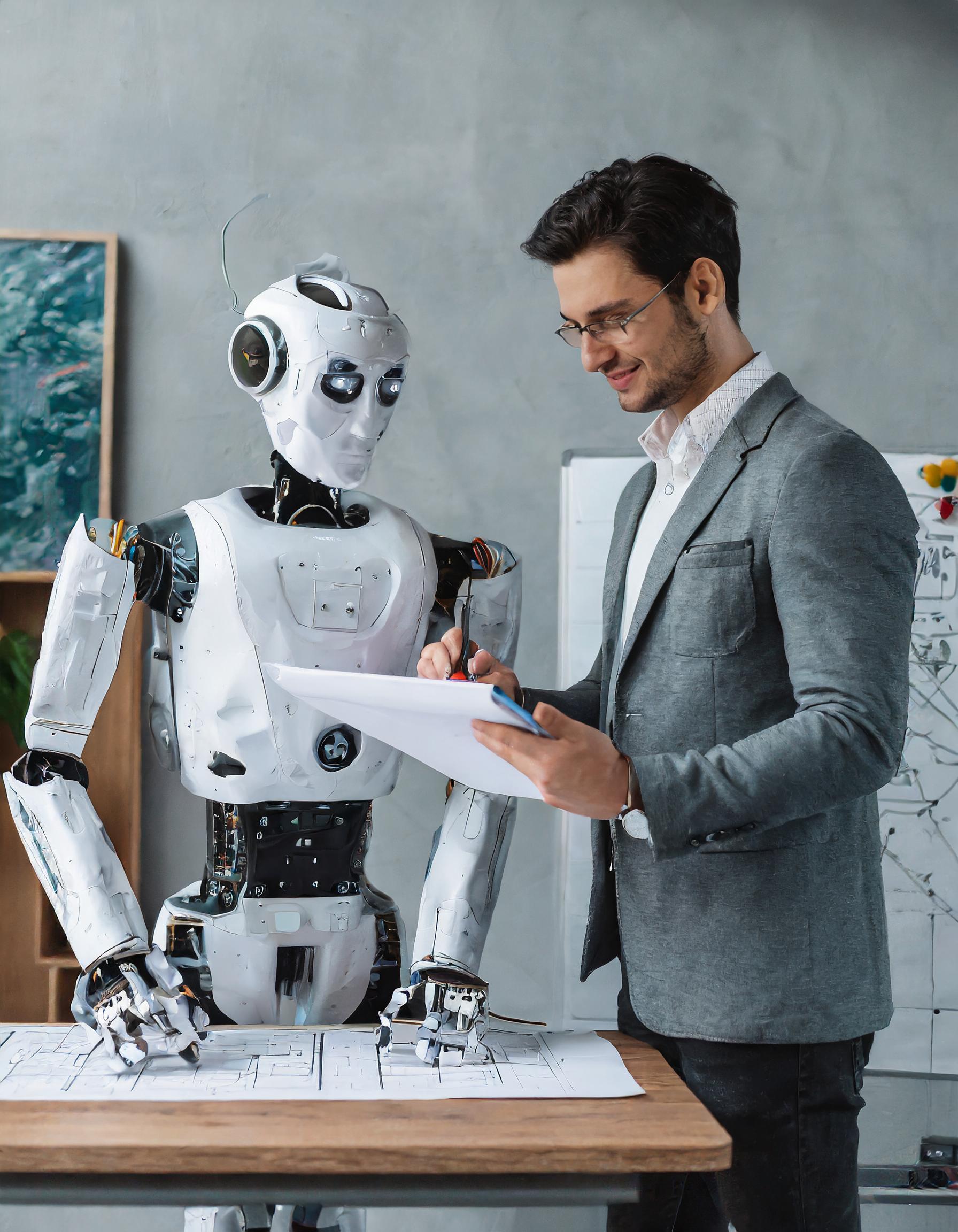 un homme et un robot qui travaillent ensemble